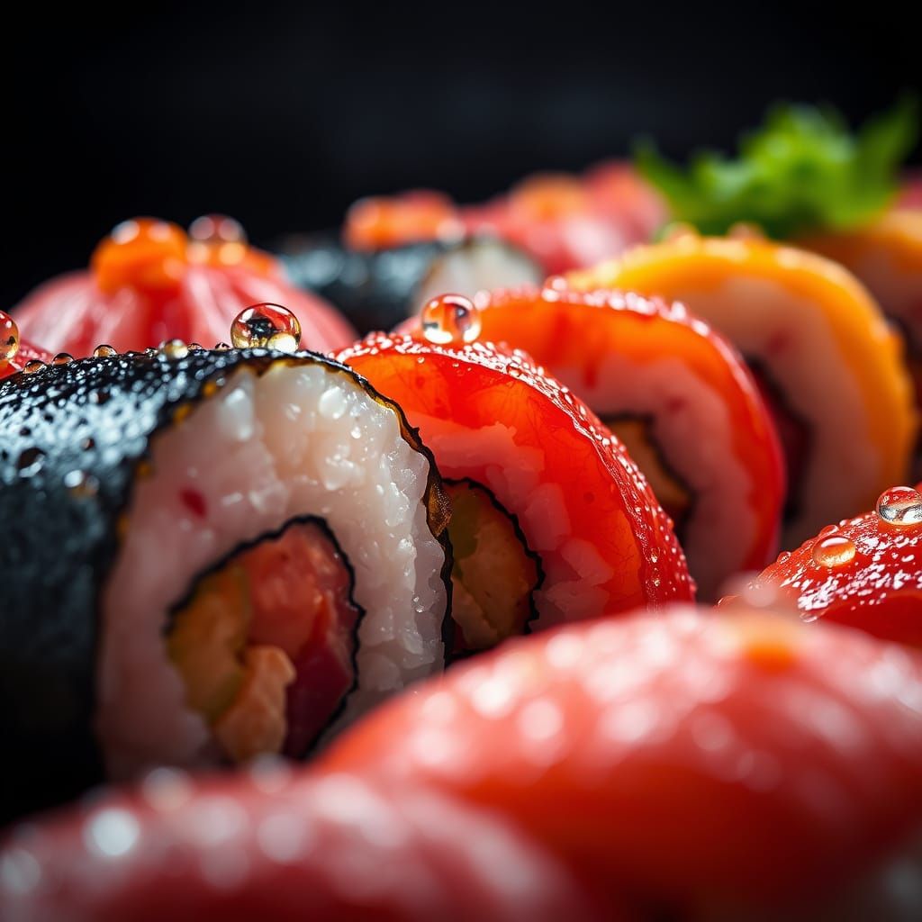 Vibrant Hyper-Realistic Sushi Close-Ups in Dramatic Lighting