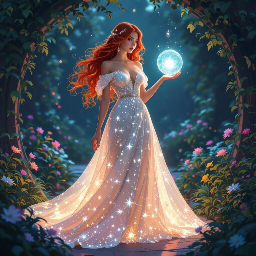 Ethereal Woman in Bioluminescent Garden, Digital Art