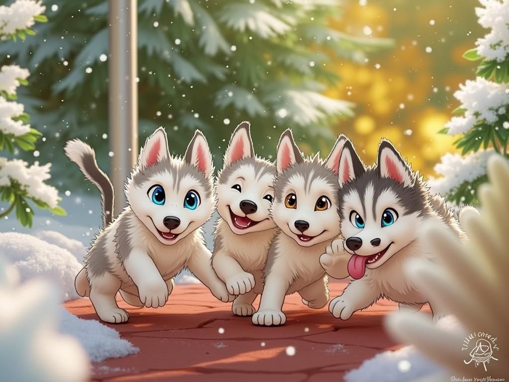 Husky Puppies Play in the Snow
