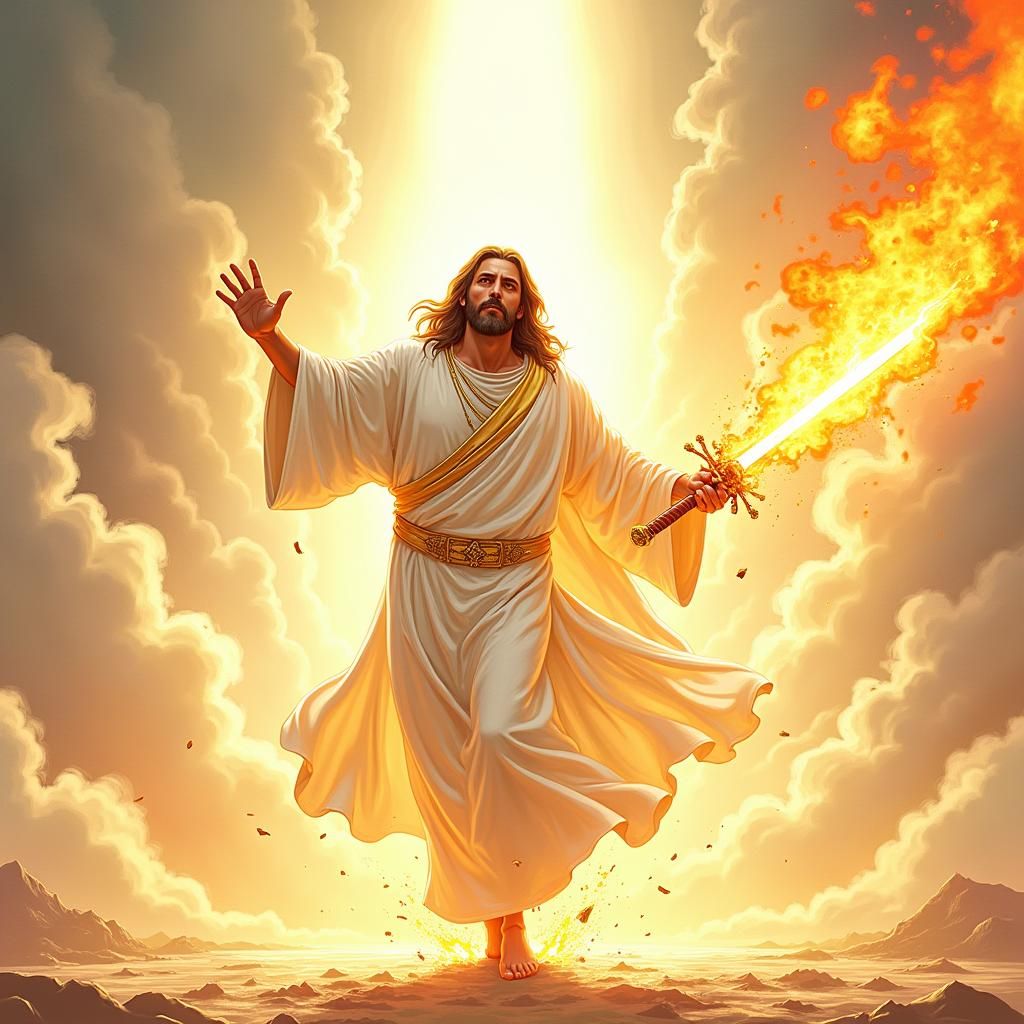 Majestic Jesus Superhero Landing with Flaming Sword