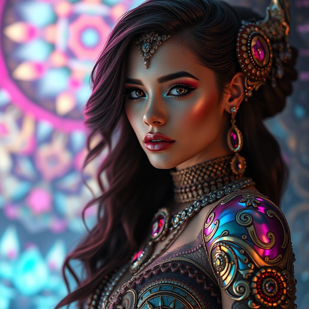 Futuristic Woman in Ornate Iridescent Attire