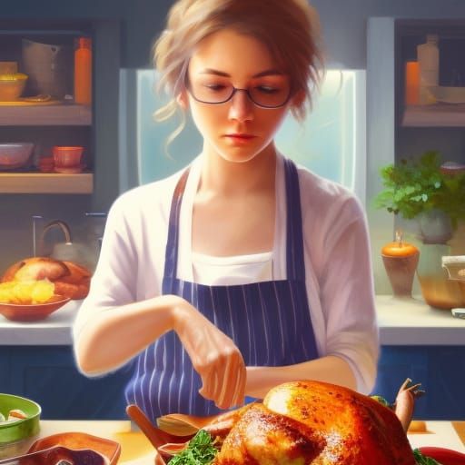 Girl Cooks Thanksgiving Dinner: Photorealistic Digital Art