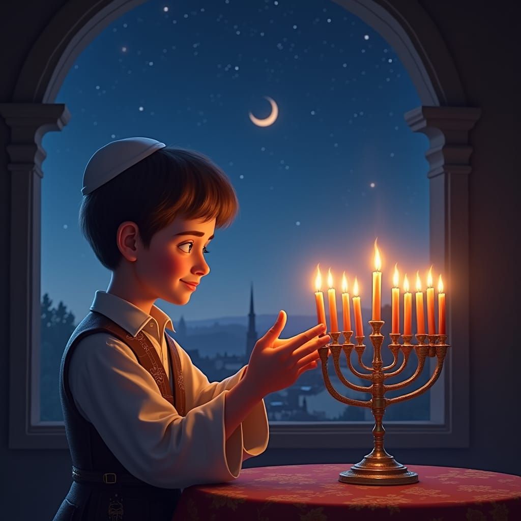 Jewish Boy Lights Menorah Under Starry Night