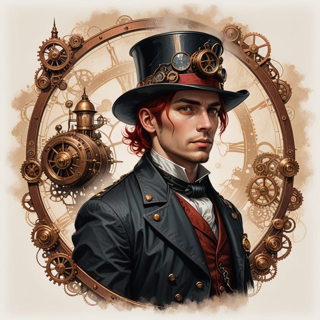 Victorian Steampunk Lady with Red Hair in Double Exposure Po...