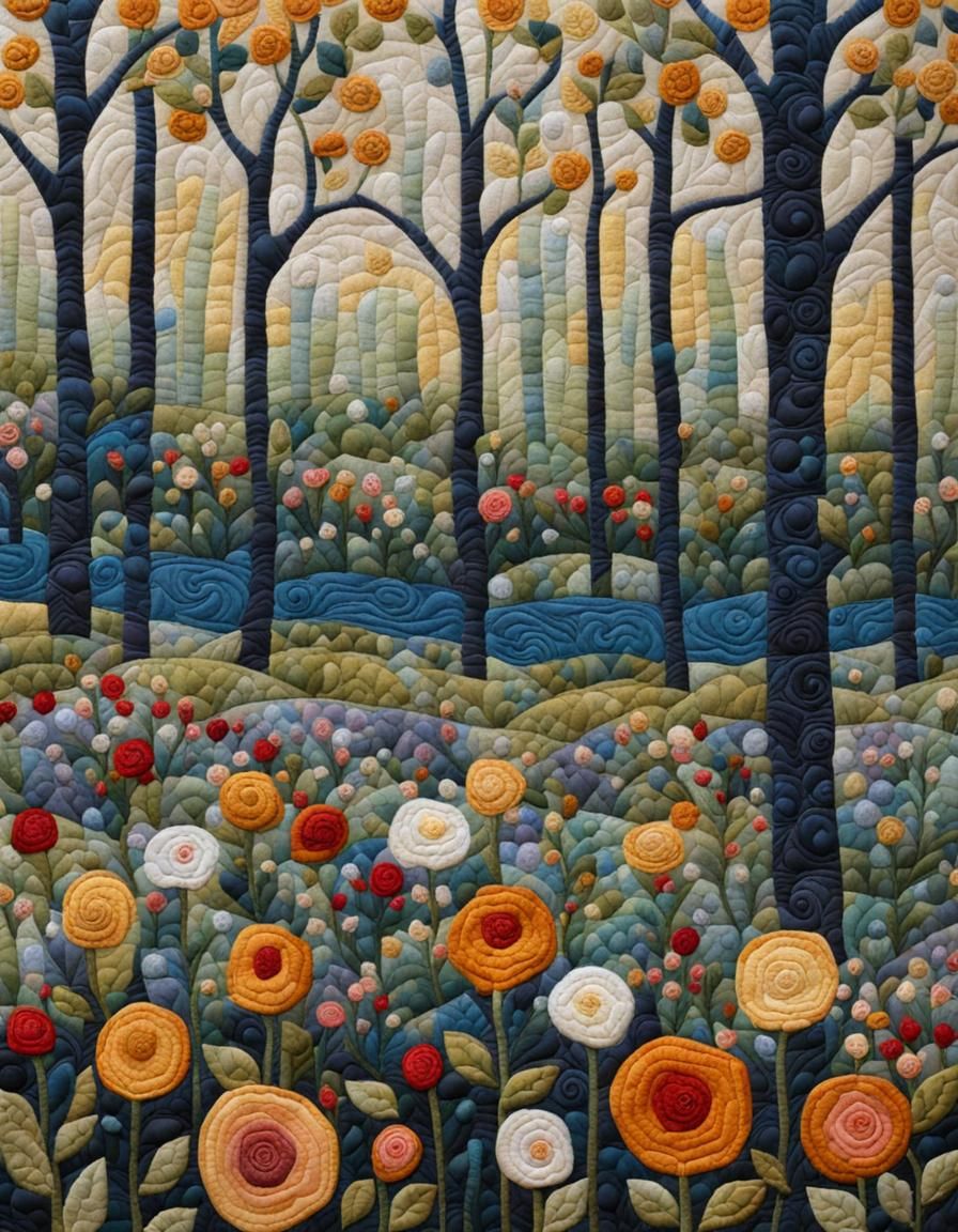 Klimt-Style Quilted Snowdrops in Woodland Scene