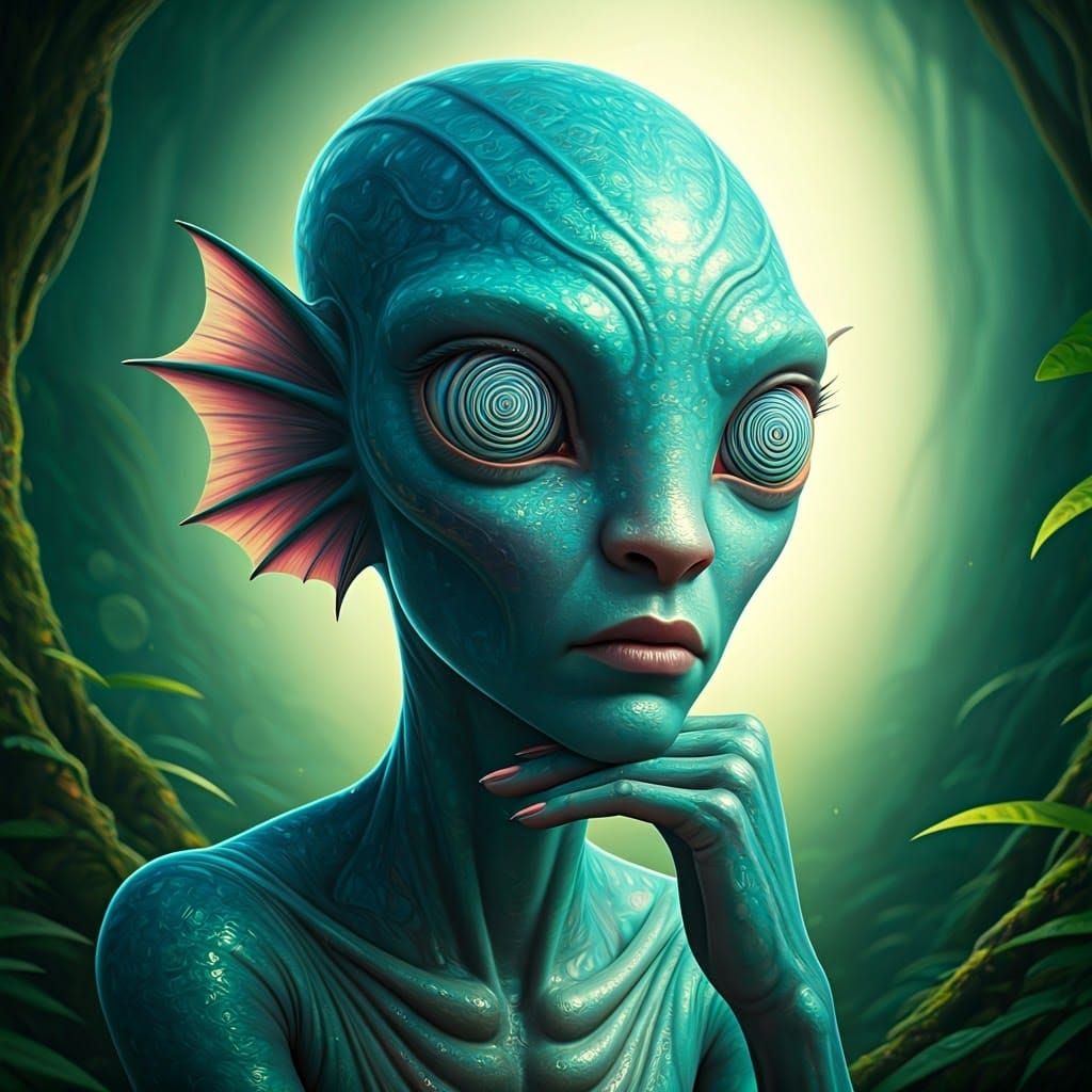 Surreal Aquatic Alien in Emerald Forest Contemplation
