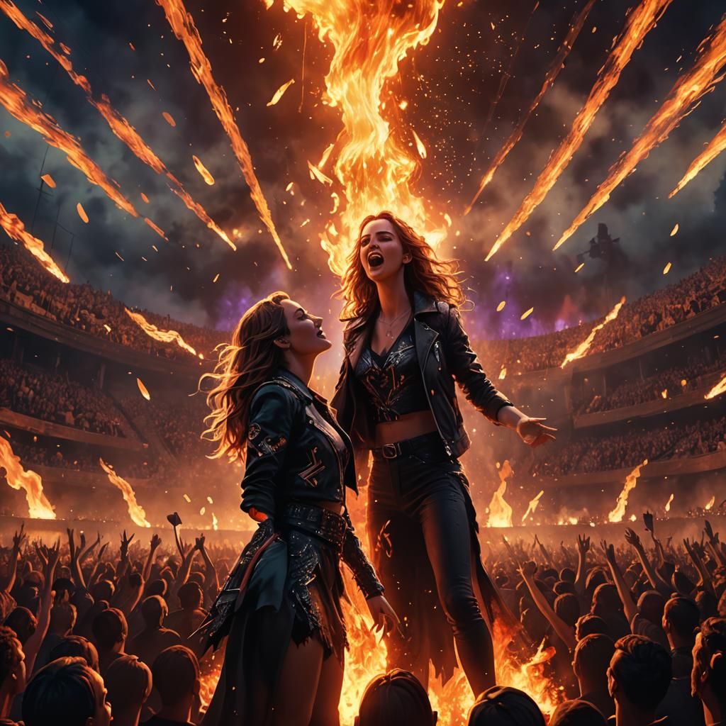 Pop Star Performance in Fiery Fantasy Landscape