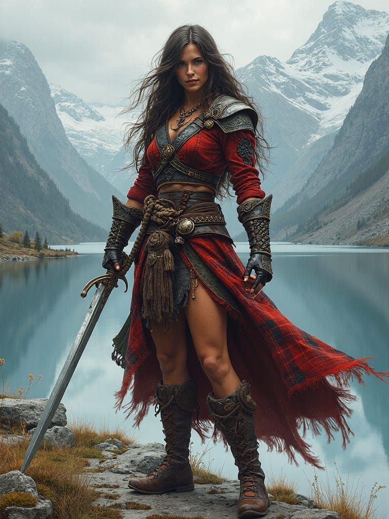 Epic Celtic Warrior Woman in Fiery Plaid Armor