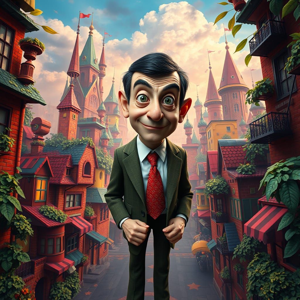 Mr. Bean in Vibrant Cityscape Fantasy