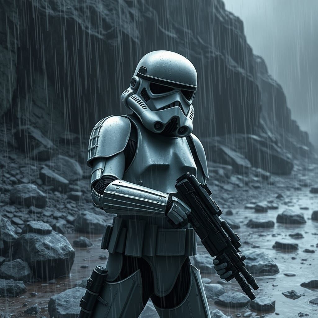 Darktrooper in Rain on Rocky Terrain