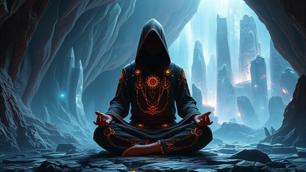 Sci-Fi Monk Meditating in Crystal Cave, Digital Art
