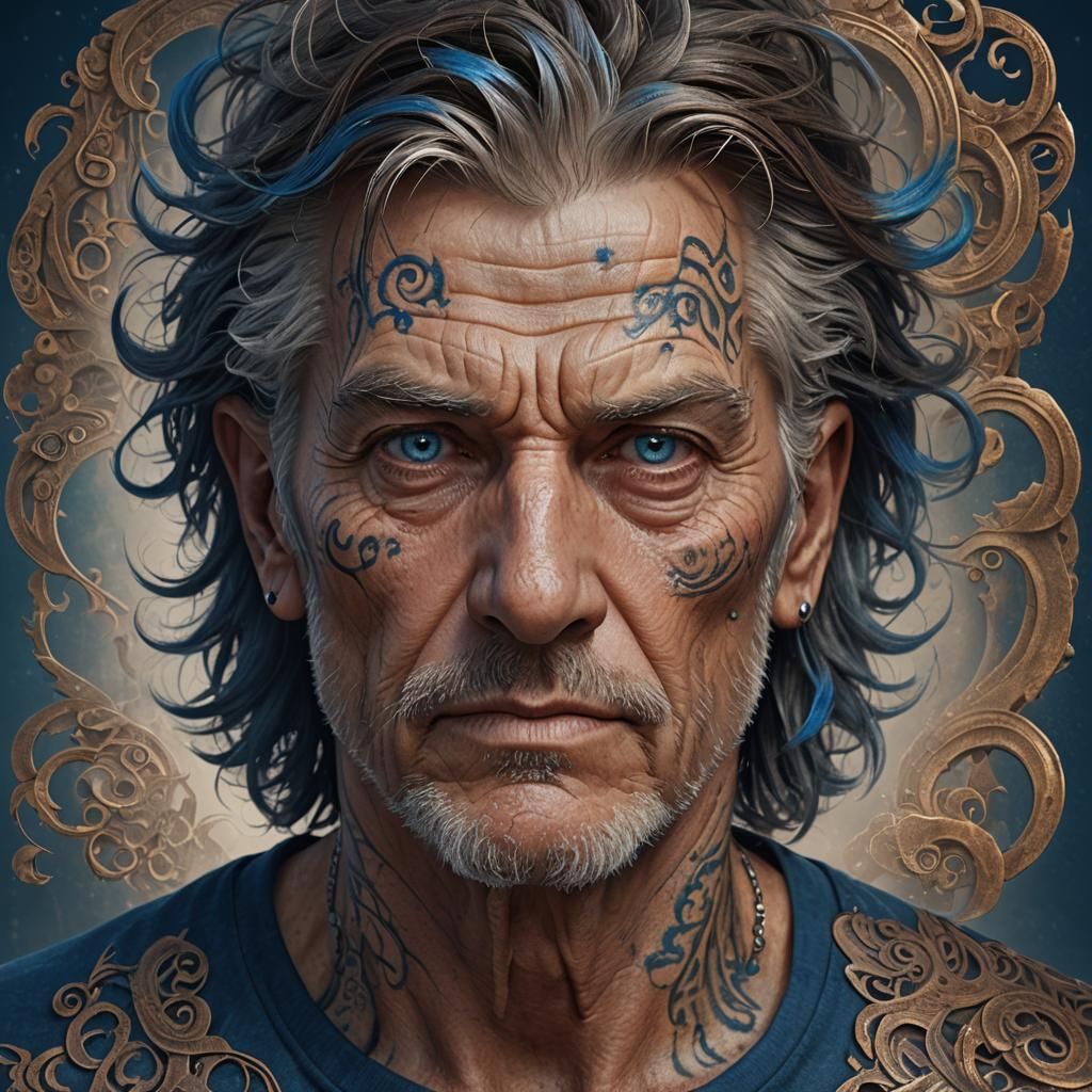 Intricate Portrait: Man with Blue Hair and Face Tattoo