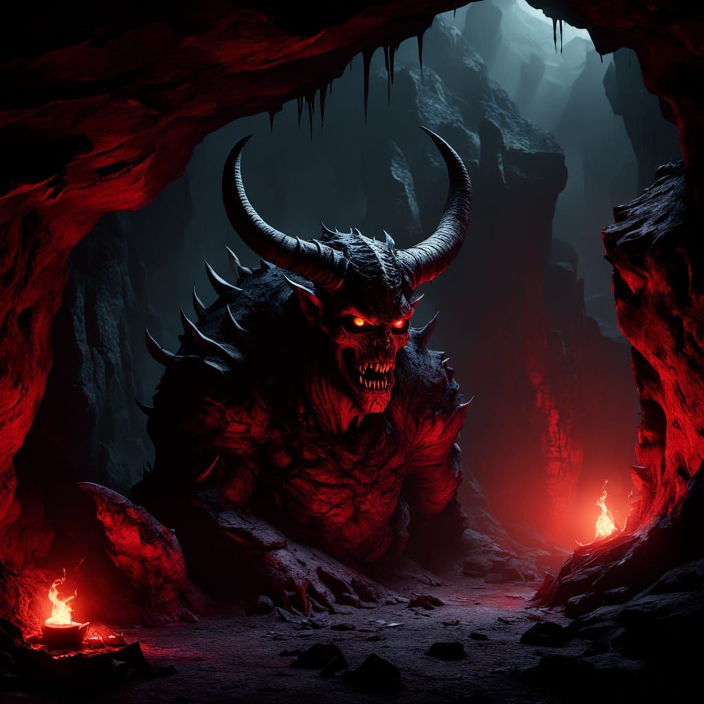 Twisted Demon in Dark Fantasy Cave