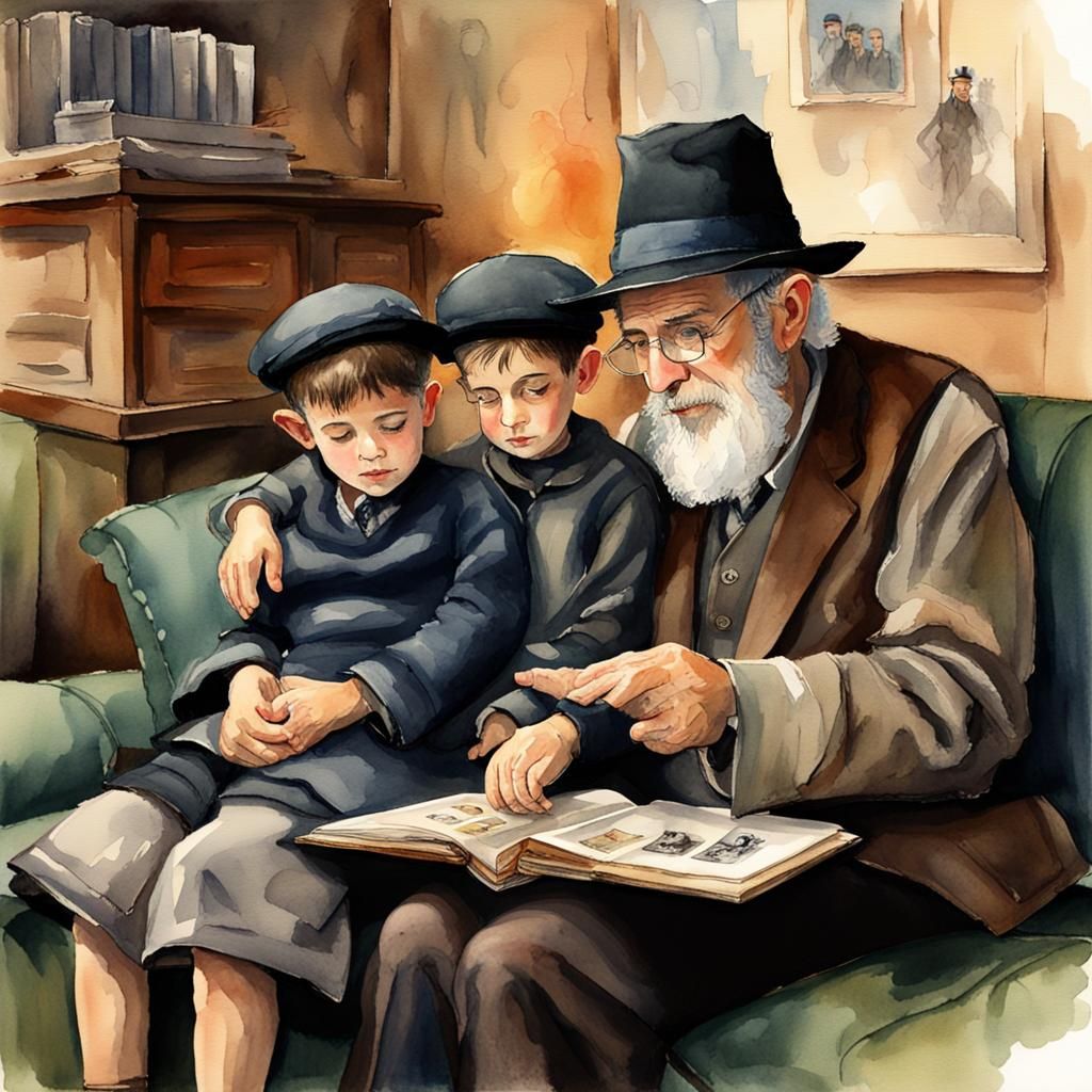 Elderly Man and Boy Sharing Memories as Watercolor