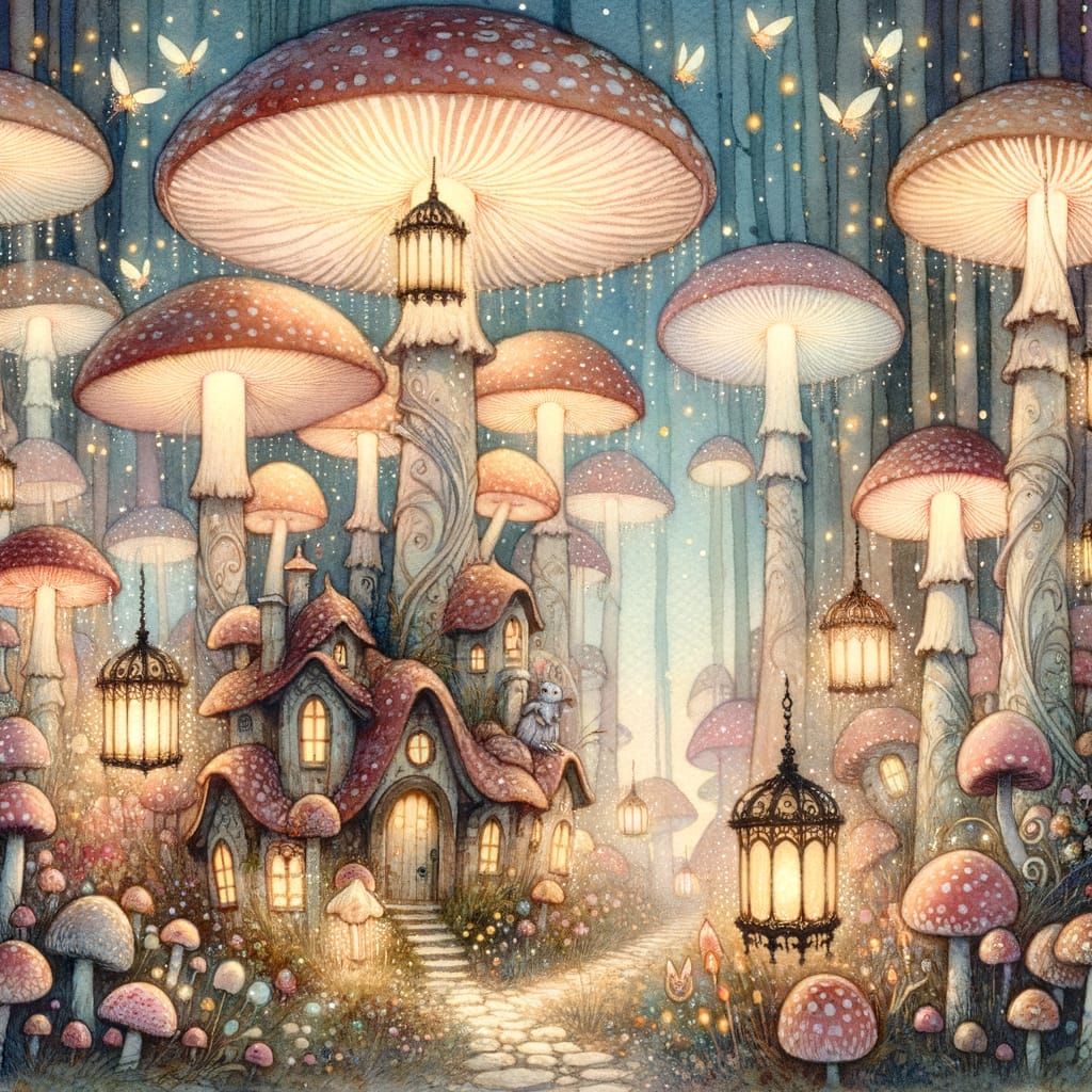 Enchanted Fairy Village in Glowing Mushroom Forest