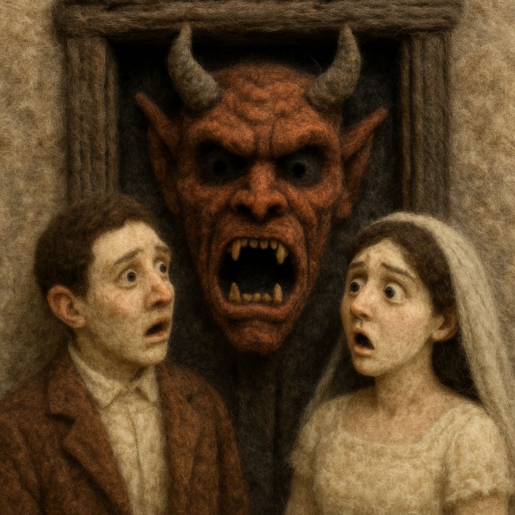 Surreal Macabre 3D Felted Demon in Doorway