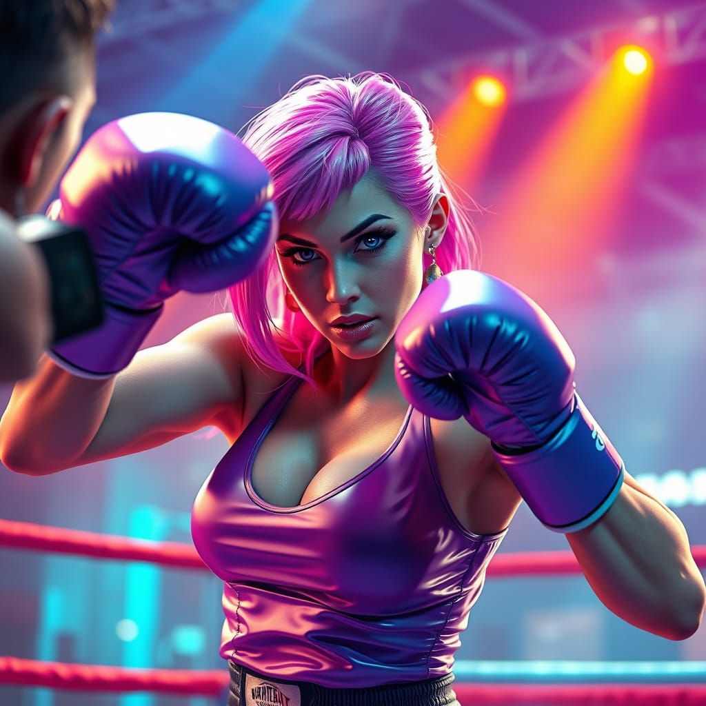 Dynamic Boxing Scene in Neon-Lit Arena with Hyperdetailed St...