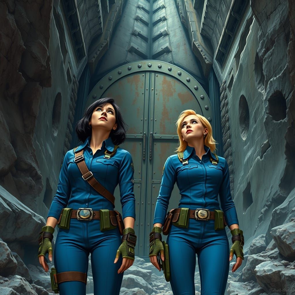 Female Vault-Dwellers Stand Before Vault Entrance in Industr...
