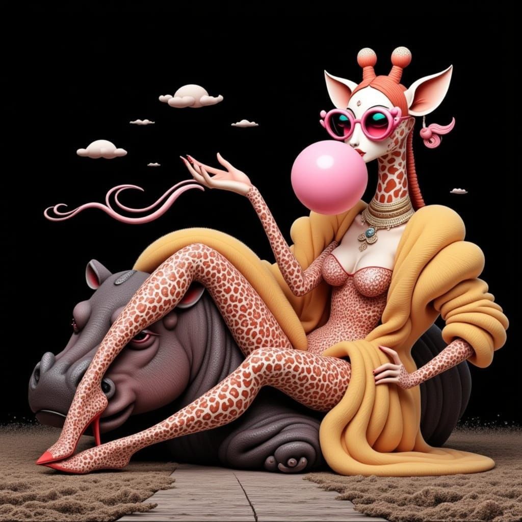 Giraffe Lounging on Hippo in Surreal 3D Render