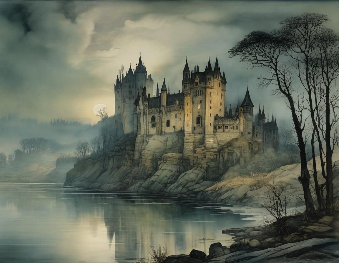 Misty Castle Ruin in Arthur Rackham Style