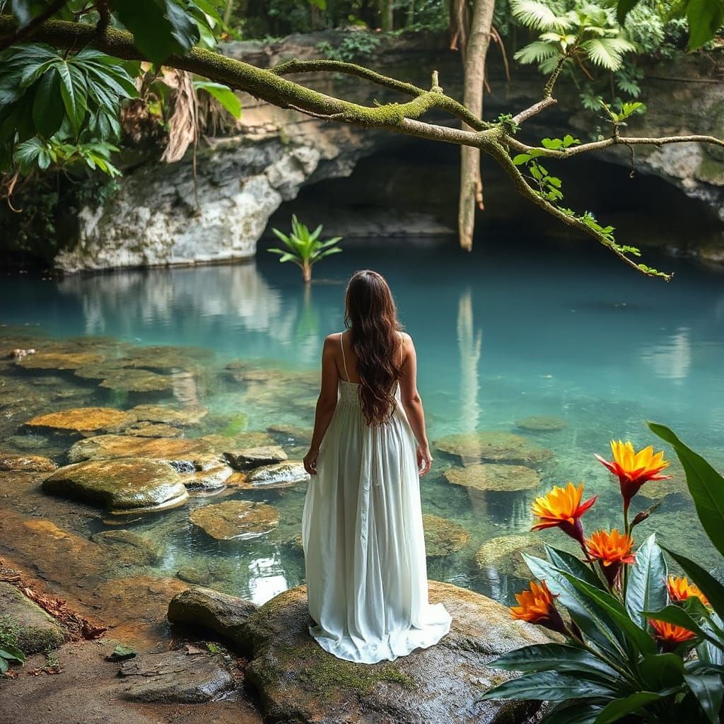 Mystical Cenote Scene with Woman in White Dress