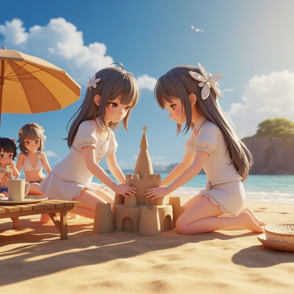 Two Girls Build Sandcastle on Sunny Beach in 3D Anime Style