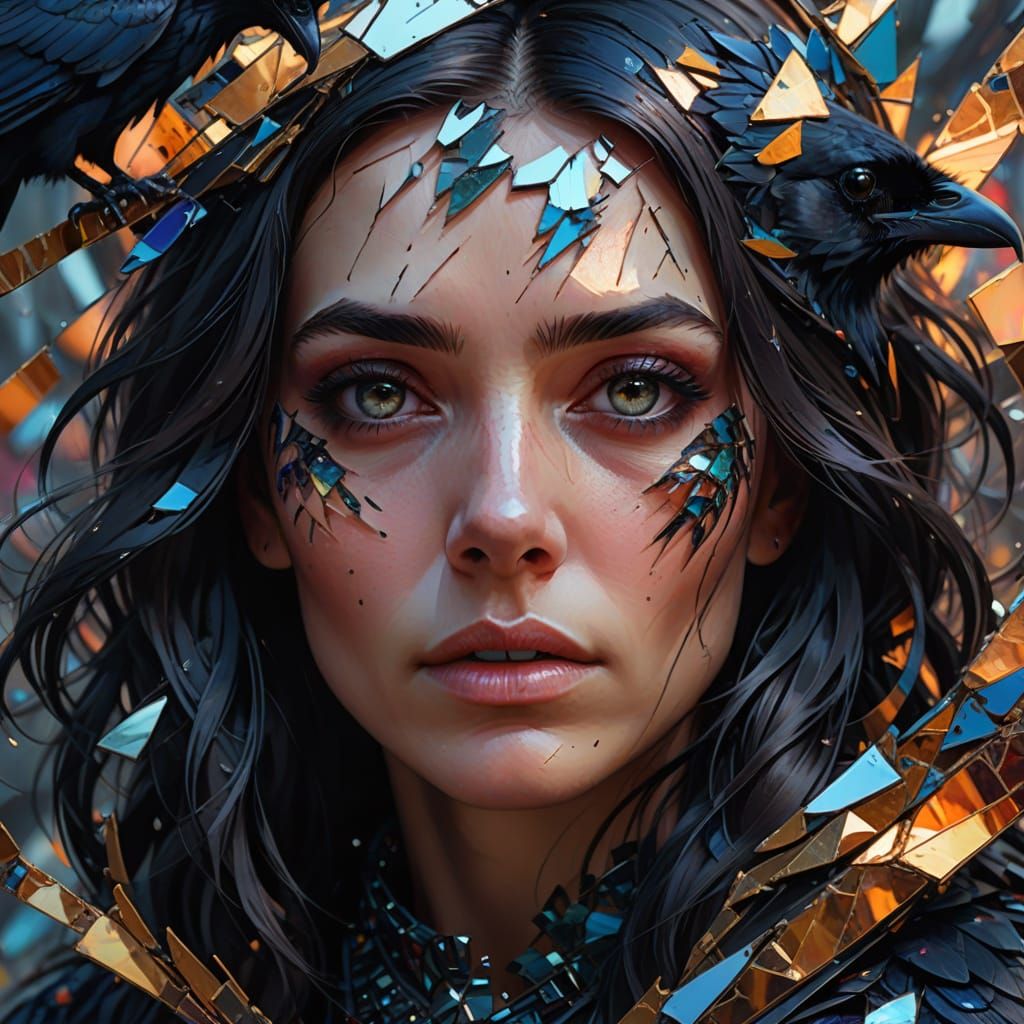 Ethereal Portrait of a Raven-Haired Siren in Shattered Refle...