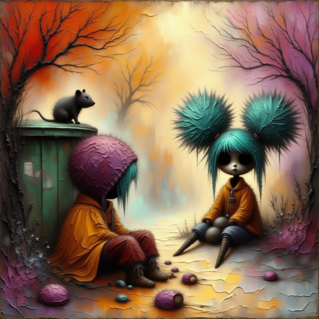 Homeless Doll Seeks Food in Bright Morning Sun