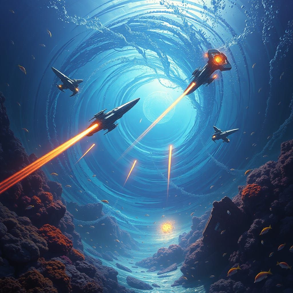 Underwater Space Battle: Biomechanical Ships in Coral Ruins