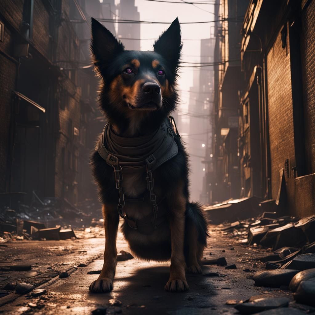 Dog in Dystopian Cyberpunk Alleyway, Hyperdetailed