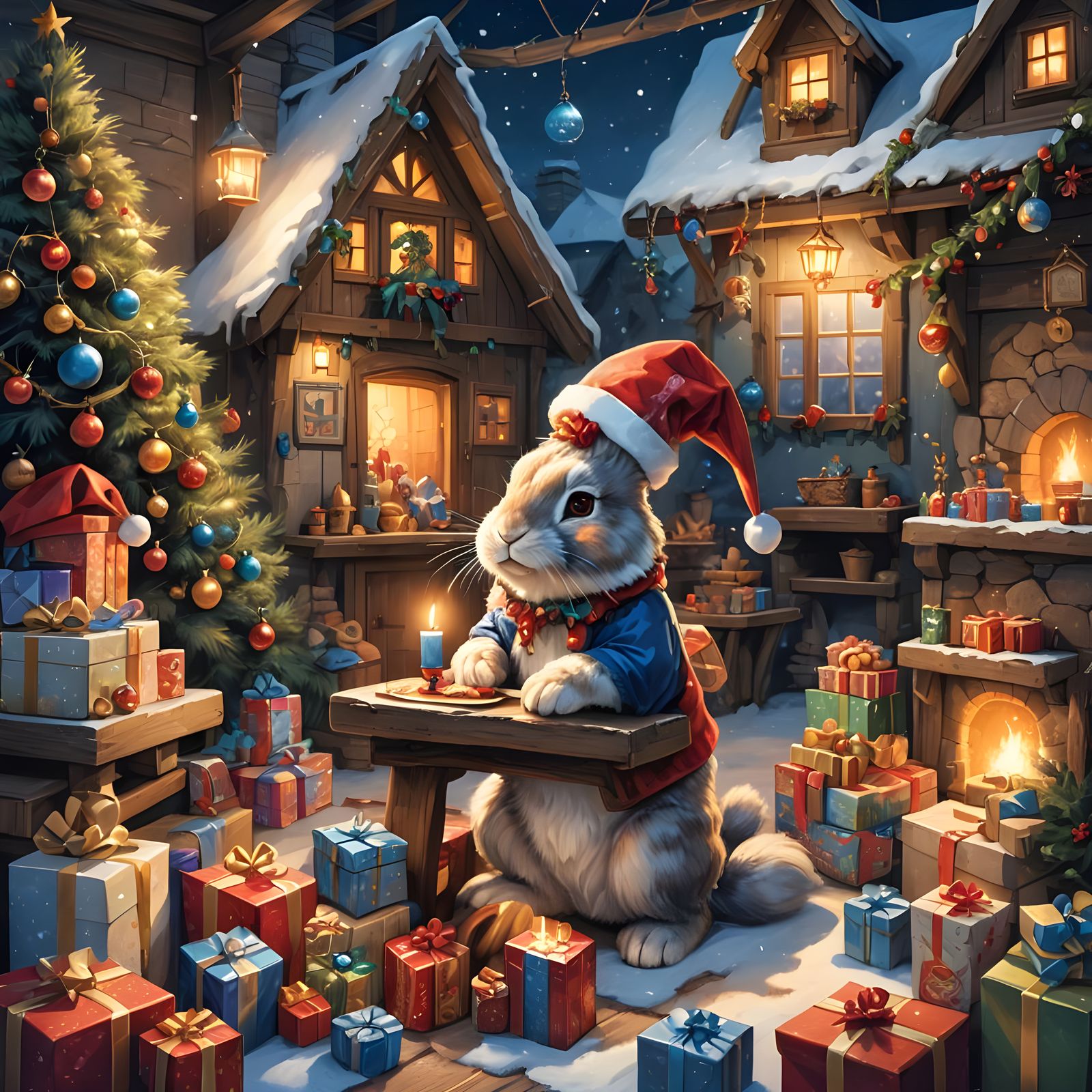 Festive Bunny Prepares for Christmas: Digital Painting