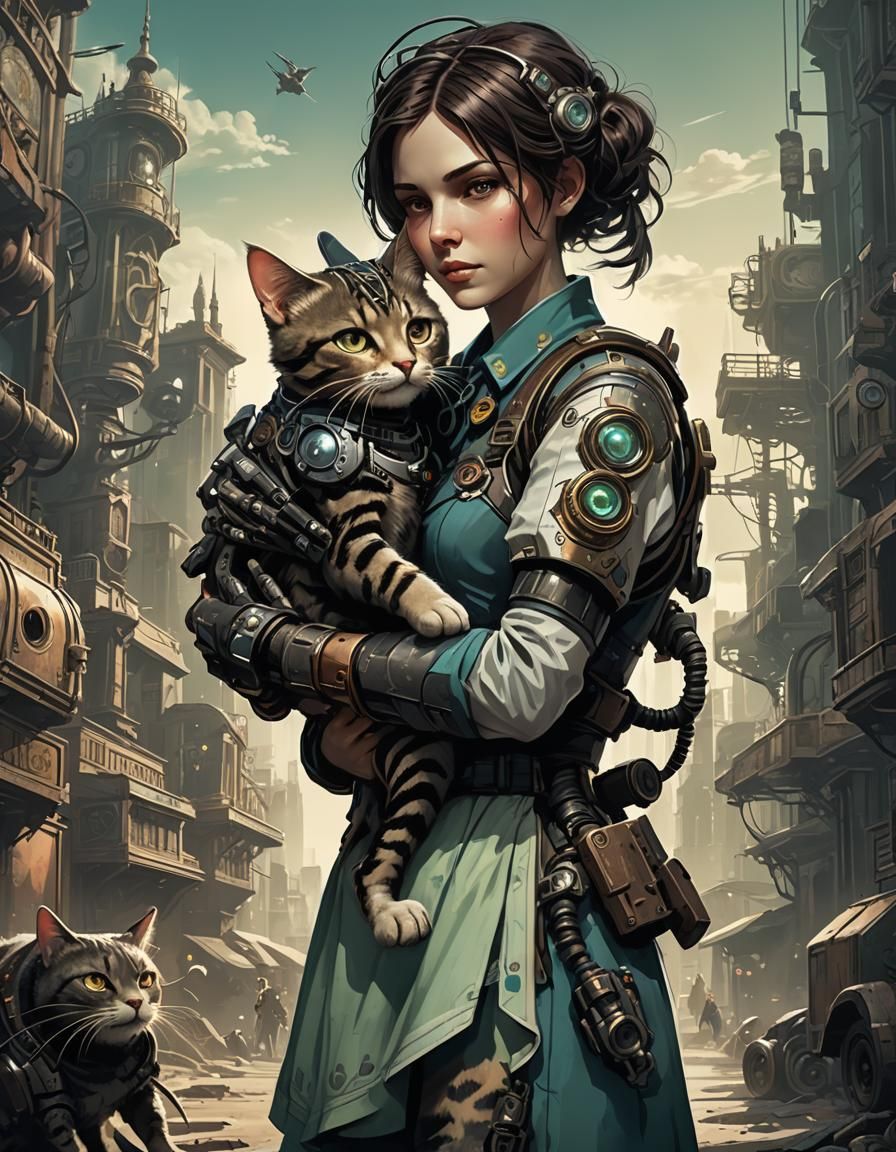 Cyborg Woman Hugs Cyborg Cat in a Muted Biopunk Landscape