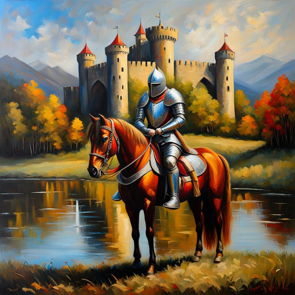 Metallic Knight and Medieval Castle in Oil Paint