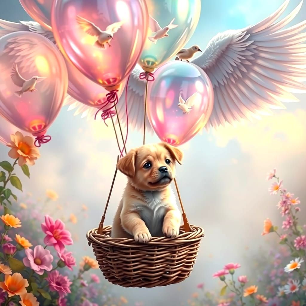 Puppy's Balloon Flight Over Mystical Garden