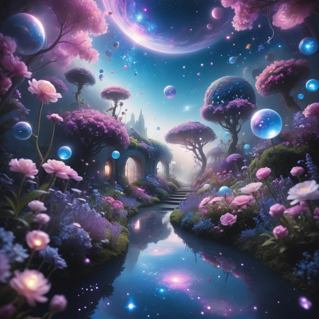 Lush Cosmic Garden in Space: Dreamy Concept Art
