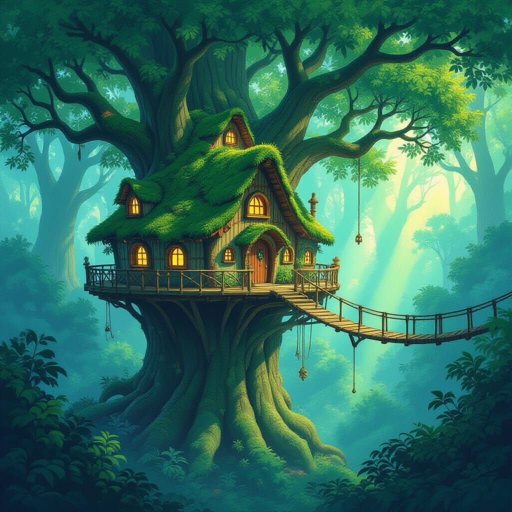Enchanting Treehouse Village in Glowing Forest