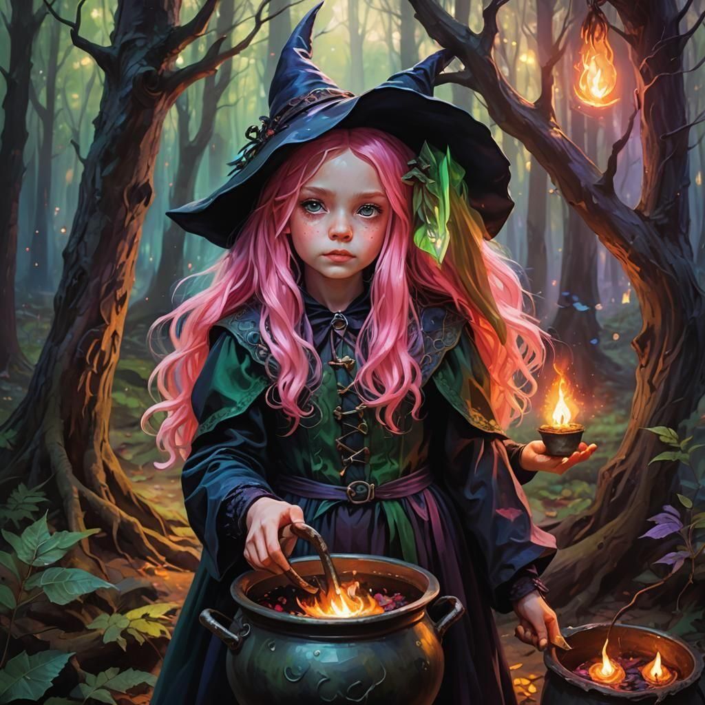 Cute Pink-Haired Witch with Green Eyes