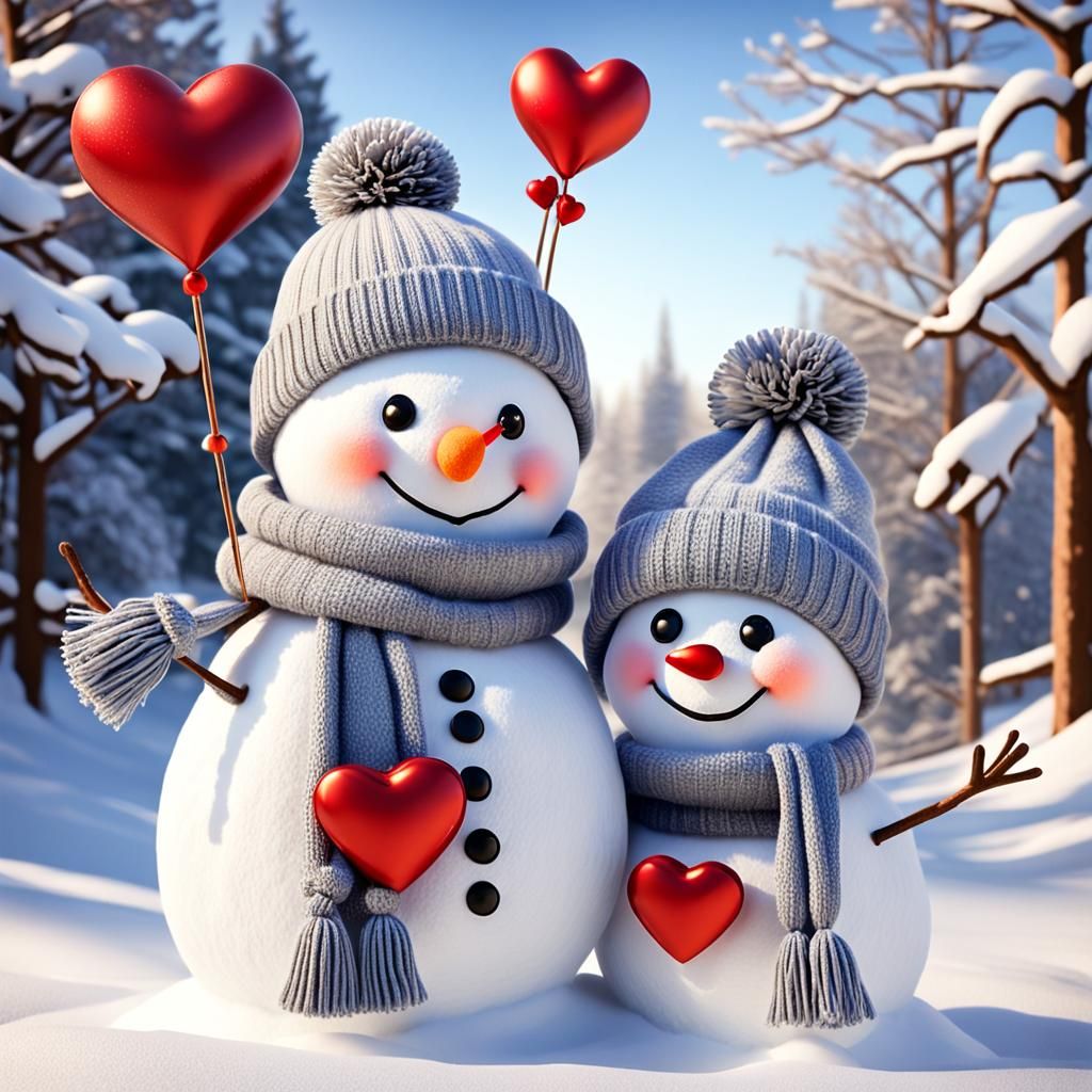 Loving Snowman Couple with Heart in Winter Scene