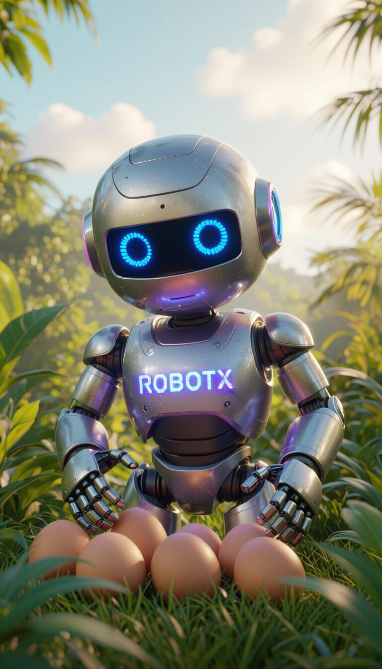 Robot Gently Touches Eggs in Vibrant 3D Jungle