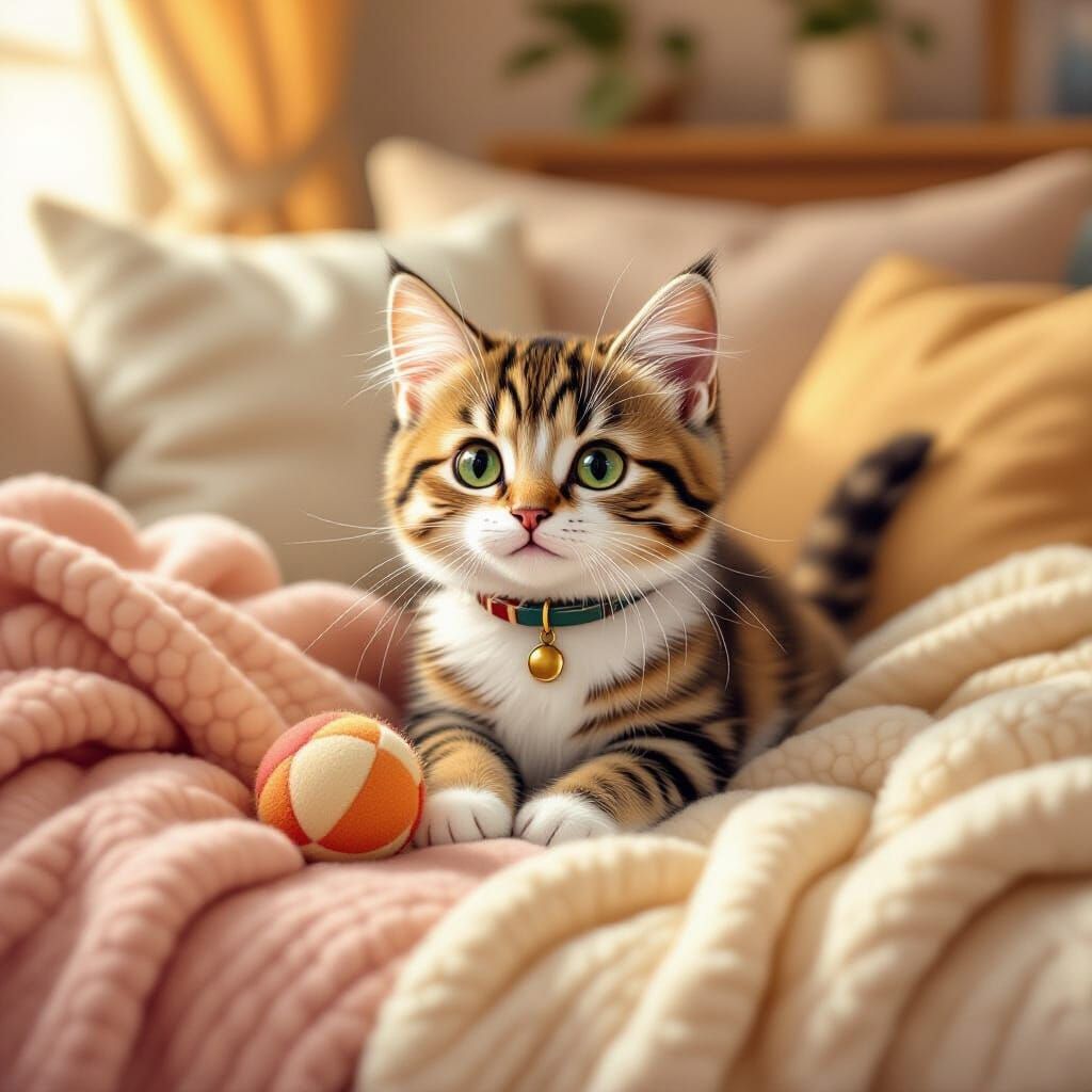 Charming Cat Plays on Plush Couch, Painterly Style