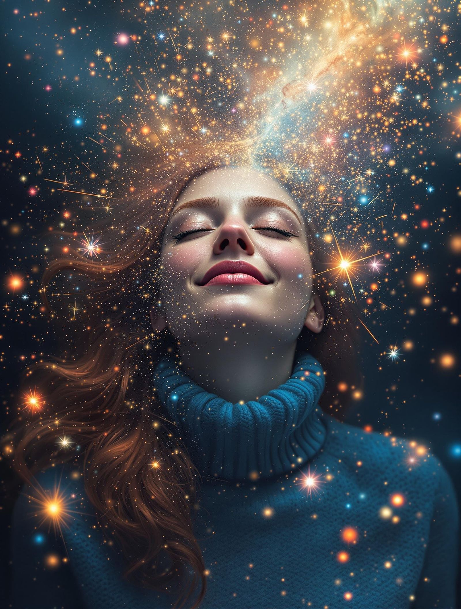 Surreal Ginger Woman Disappears into Cosmic Fireworks