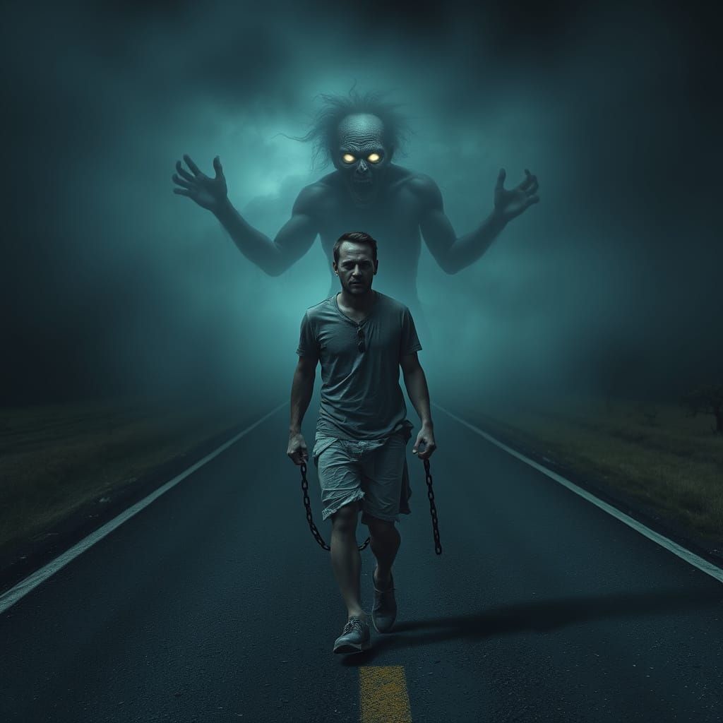 Man Chained to Ghostly Self in Dark Surrealism