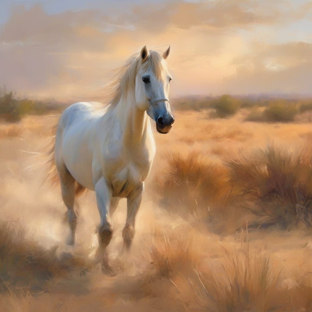Camargue Horse Runs in Impressionist Landscape