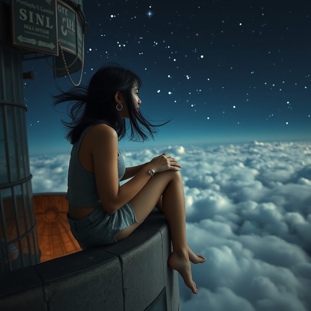 Girl on Tower Gazing at Starry Night