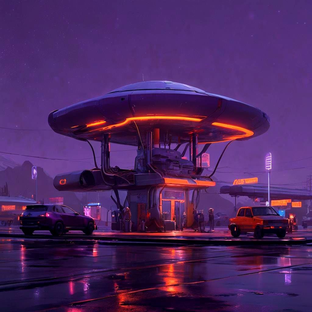 Futuristic Alien Gas Station with Hovering Vehicles