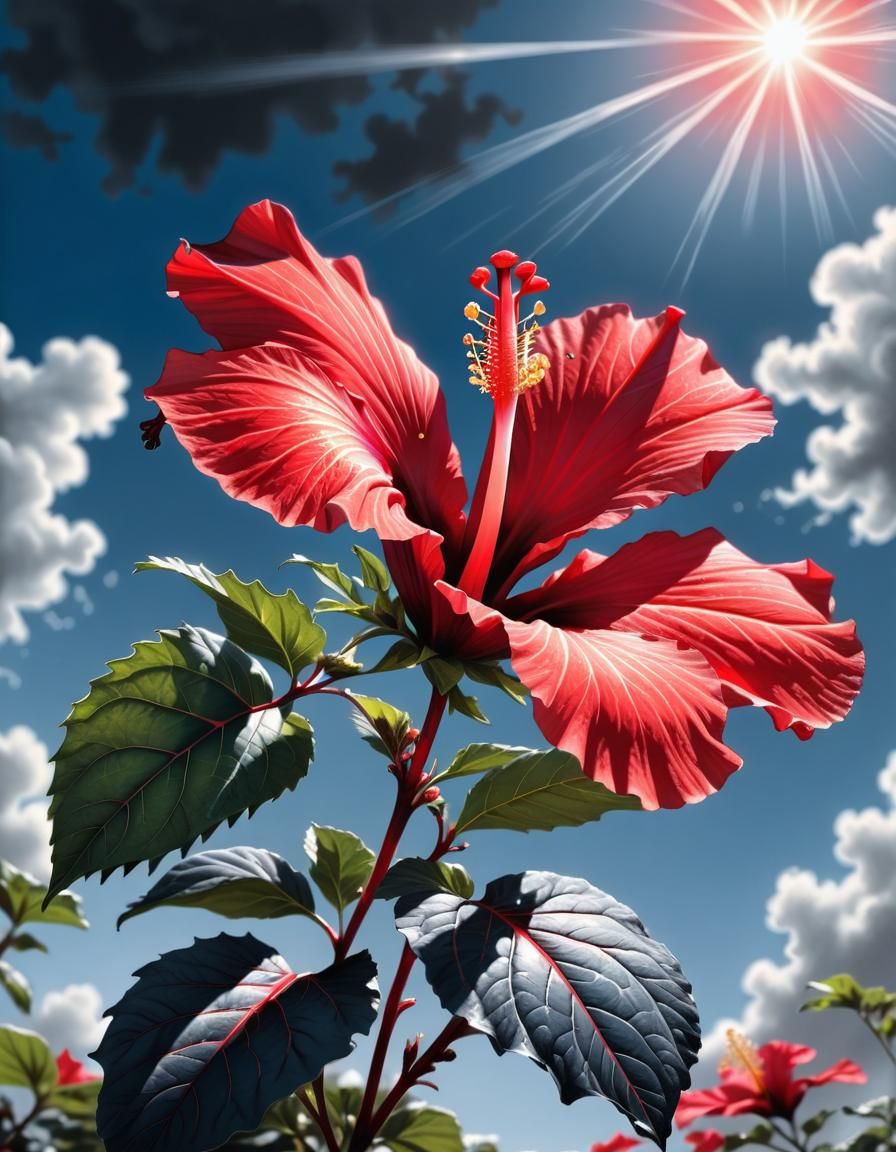 Red Hibiscus Flower in Comic Book Art Style