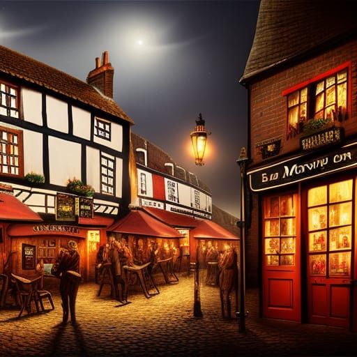 Old London Tavern in Surreal Watercolor Style