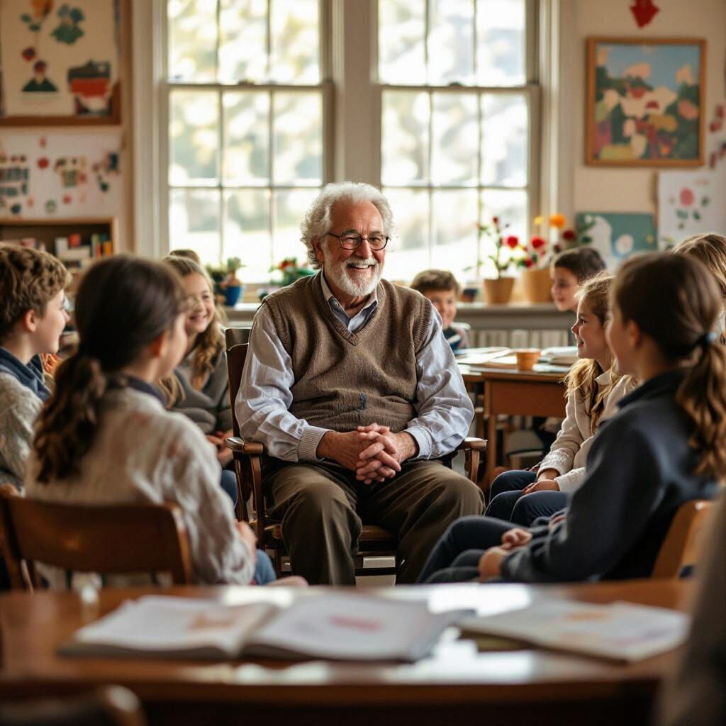 Old Teacher & Students in Warm Classroom