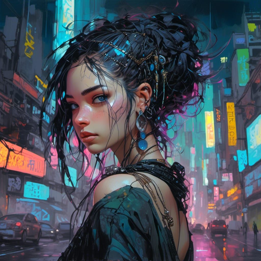 Cyberpunk Girl Illustration in Oil Painting Style