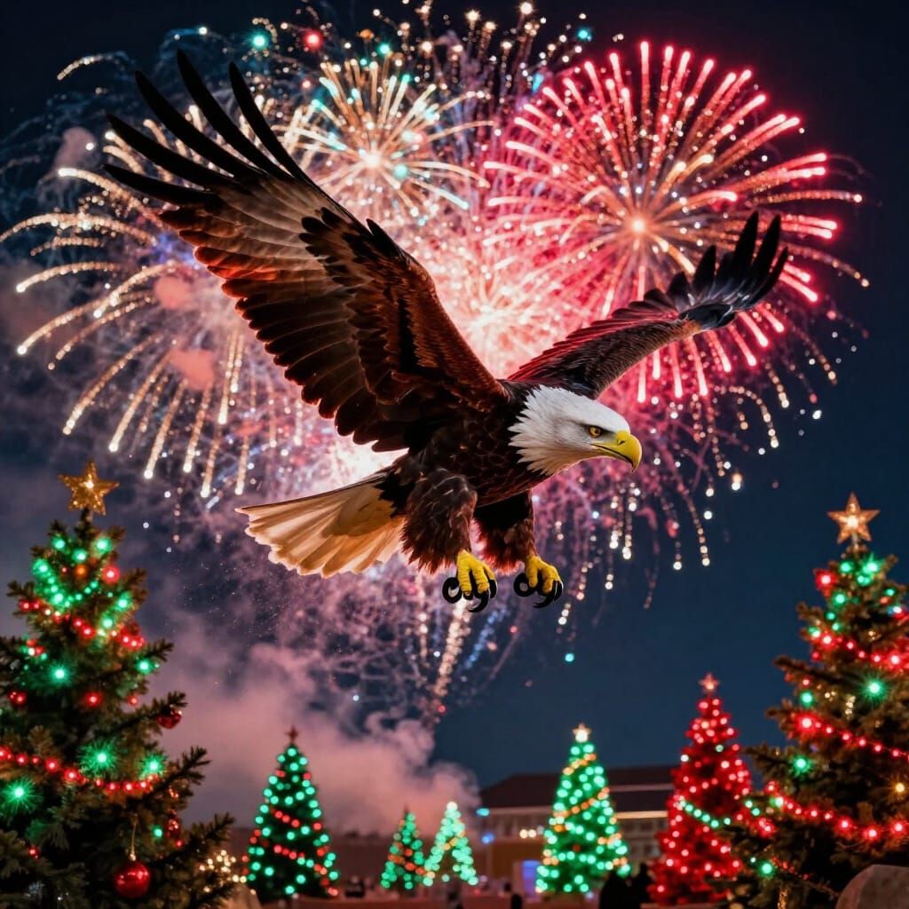 Eagle Soaring Through Surreal Christmas Night Sky